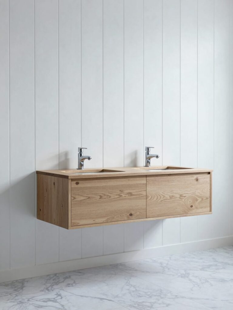Modern light wood floating vanity with white sink basin in a small bathroom with gray tile floors.