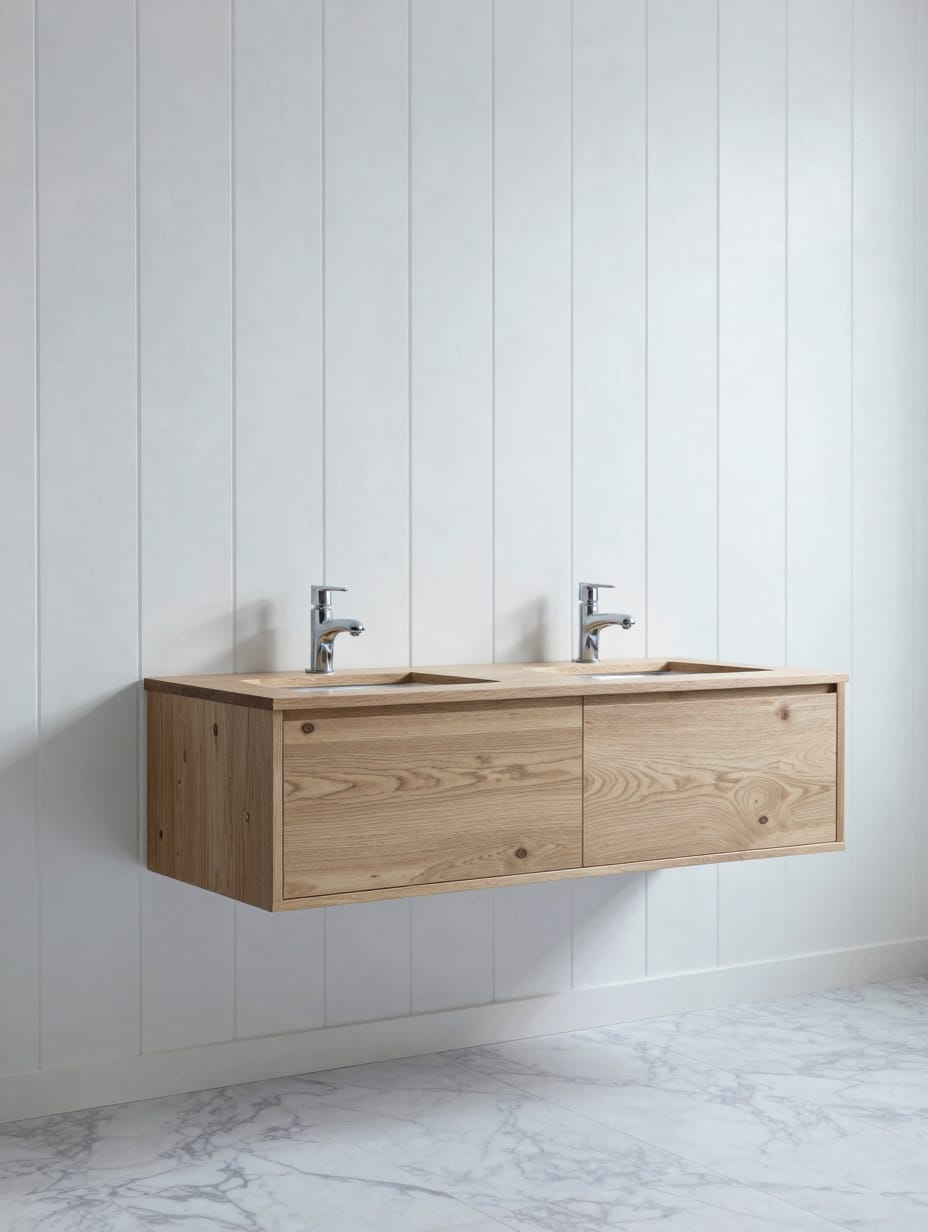 Modern light wood floating vanity with white sink basin in a small bathroom with gray tile floors.
