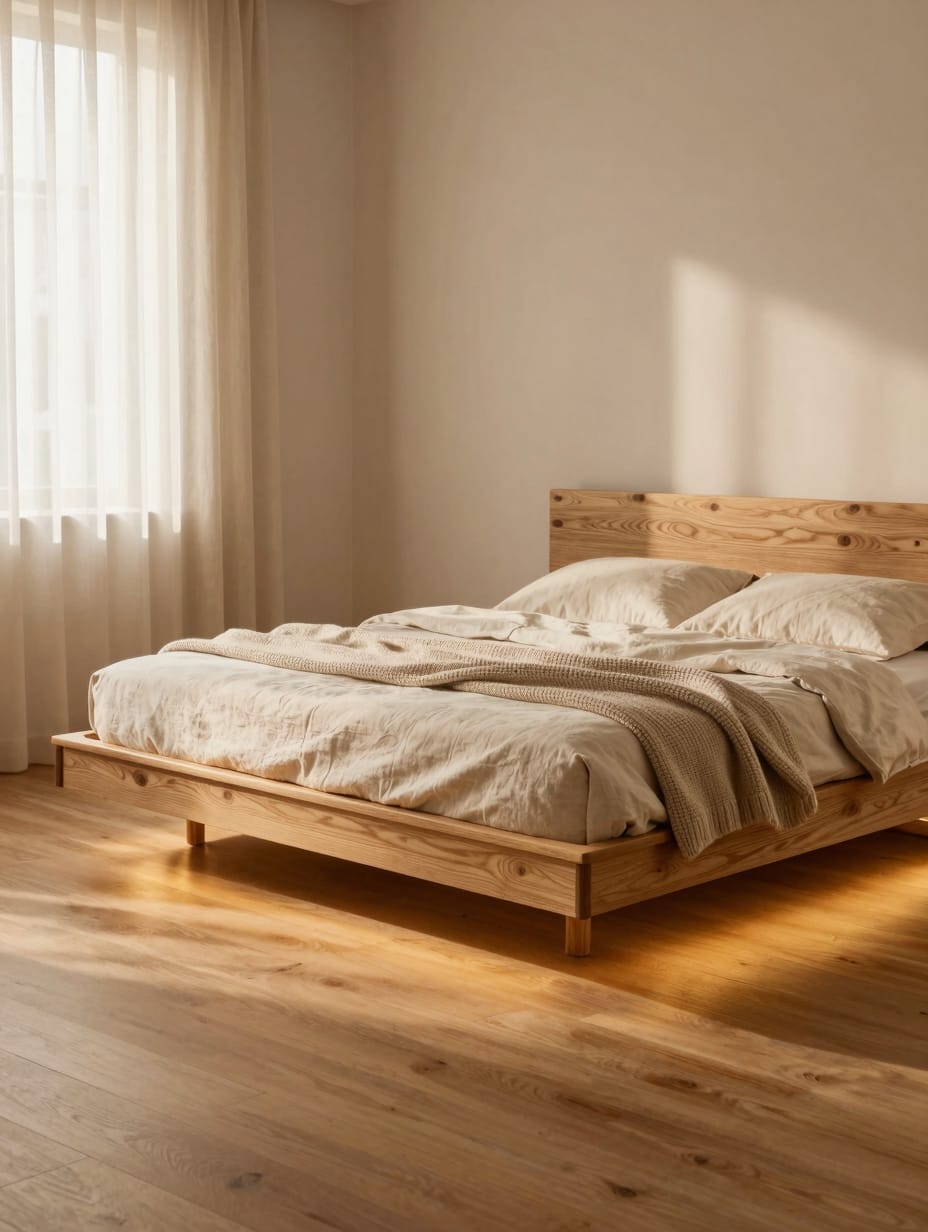 A white floating bed with under-glow lighting in a small bedroom ideas layout.