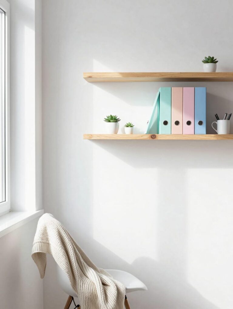 Small home office ideas featuring a narrow floating desk with three wooden wall shelves holding books and plants.