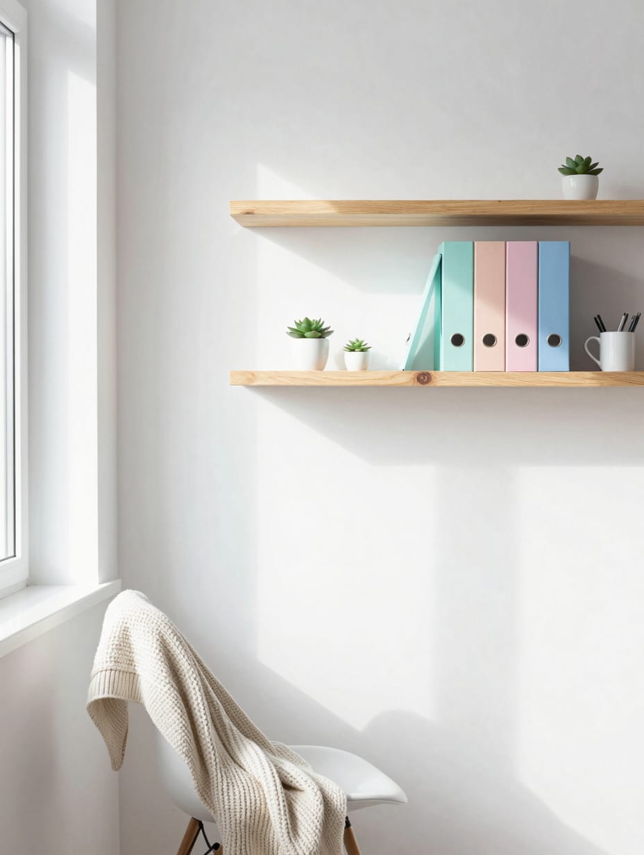 Small home office ideas featuring a narrow floating desk with three wooden wall shelves holding books and plants.