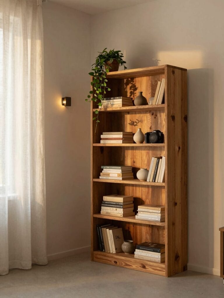 Tall, narrow bookcase against a light wall, filled with books and plants, demonstrating small space decor.