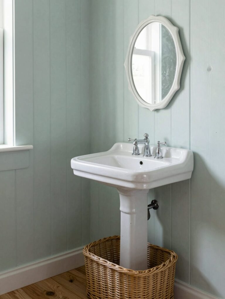 A reclaimed white porcelain pedestal vanity in a small vintage bathroom with mosaic tile flooring and soft light.