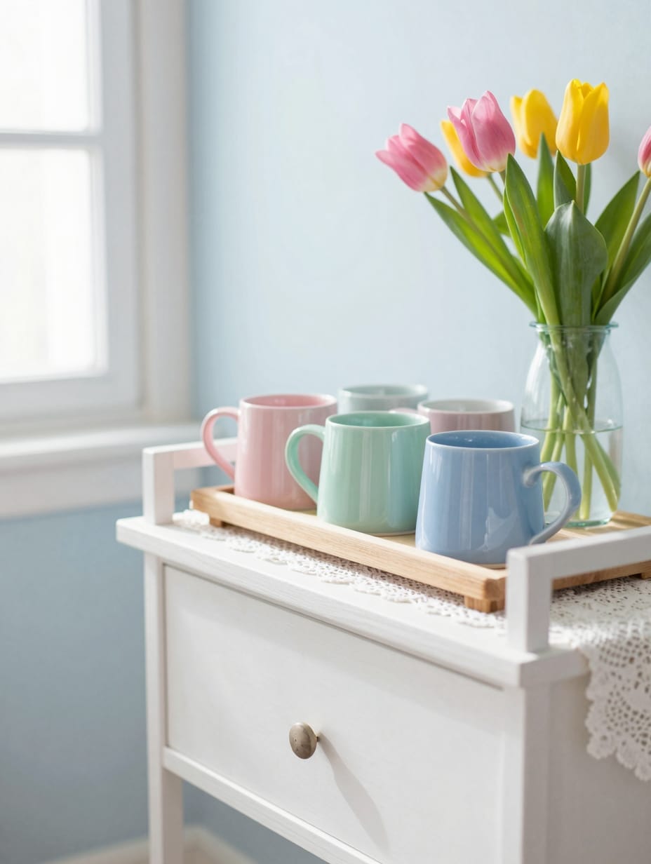 A spring coffee bar decor setup with pastel pink mugs, a small vase of delicate blooming flowers, and a creamy yellow tray...