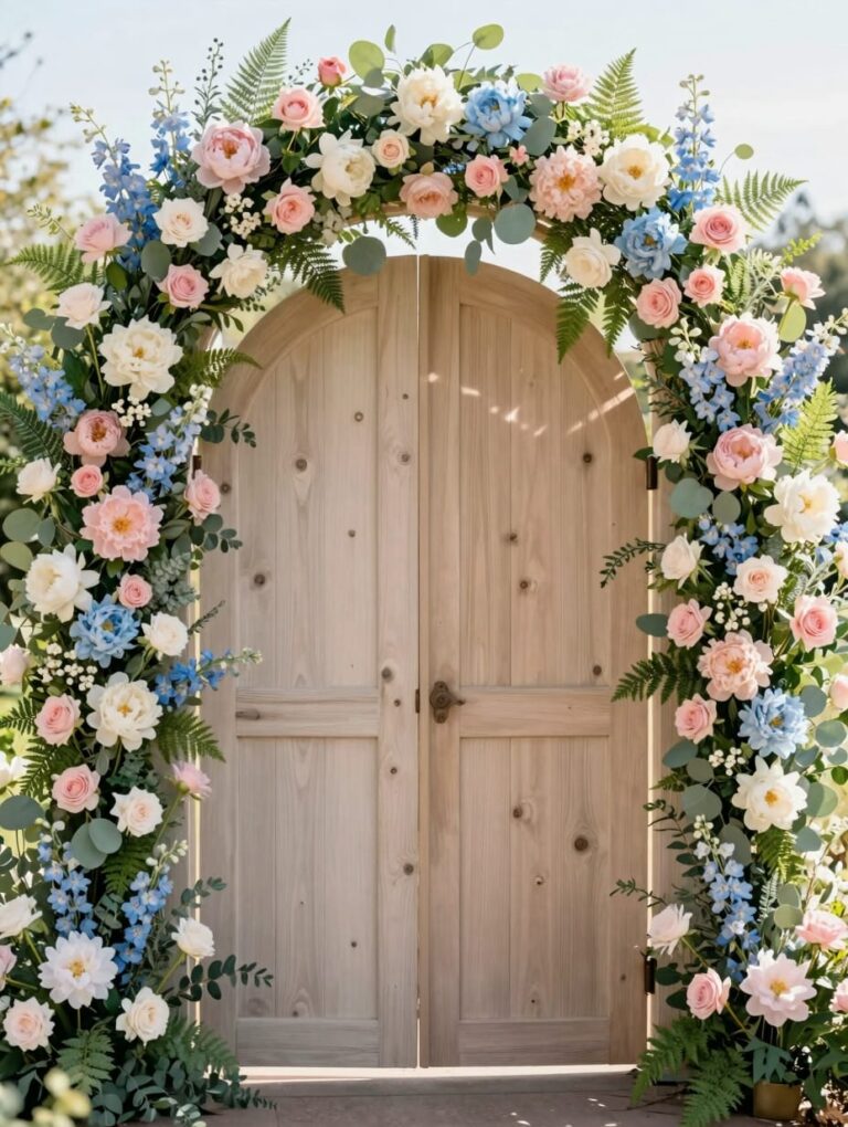 A beautiful floral archway adorned with roses, hydrangeas, and greenery, serving as a spring garden party decor entrance.