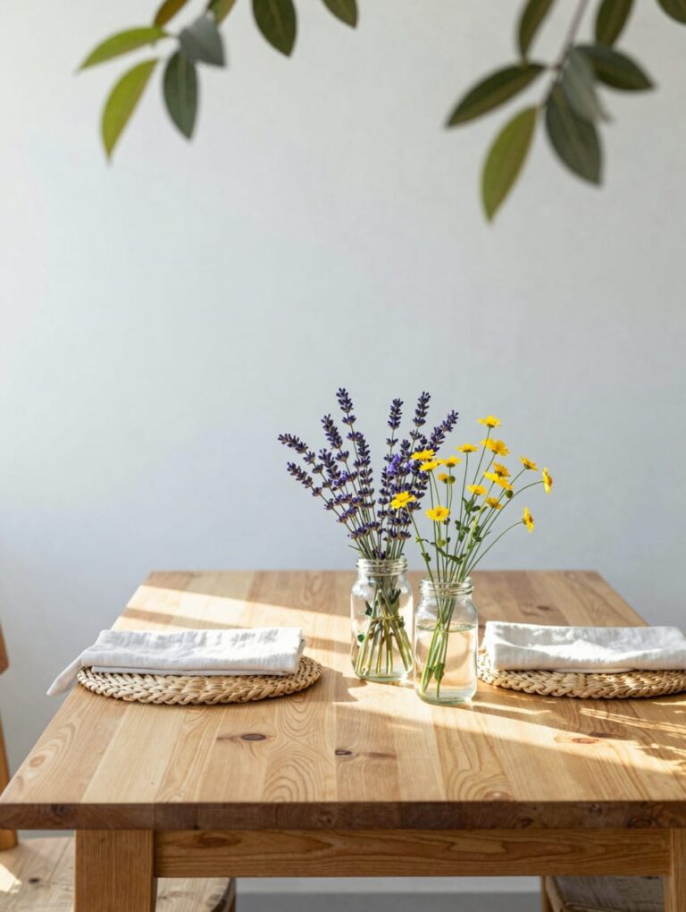 A sun-drenched honey oak spring garden table decorated with a glass vase of colorful wildflowers.