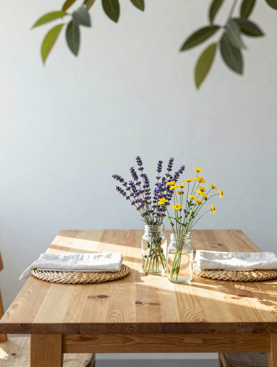 A sun-drenched honey oak spring garden table decorated with a glass vase of colorful wildflowers.