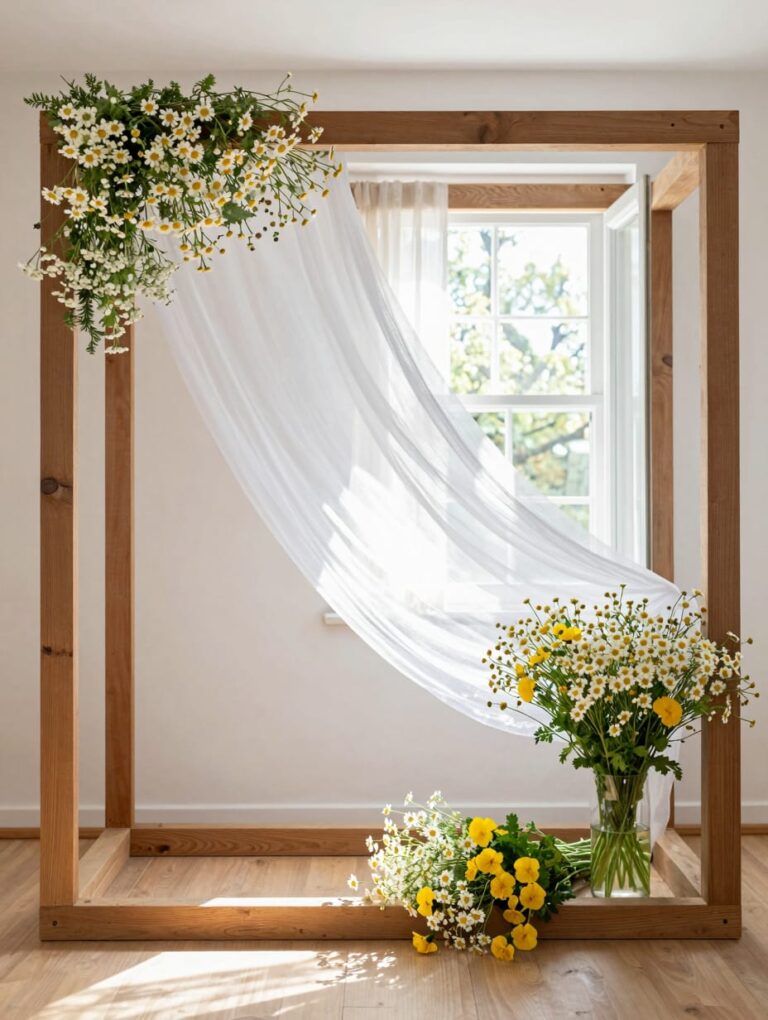 Close-up of wedding arch decor featuring colorful wildflowers and sage green drapes on a rustic wooden frame.