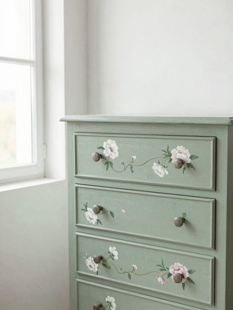 A vintage wooden bureau beautifully painted with a whimsical secret garden theme, featuring delicate flowers and vines.