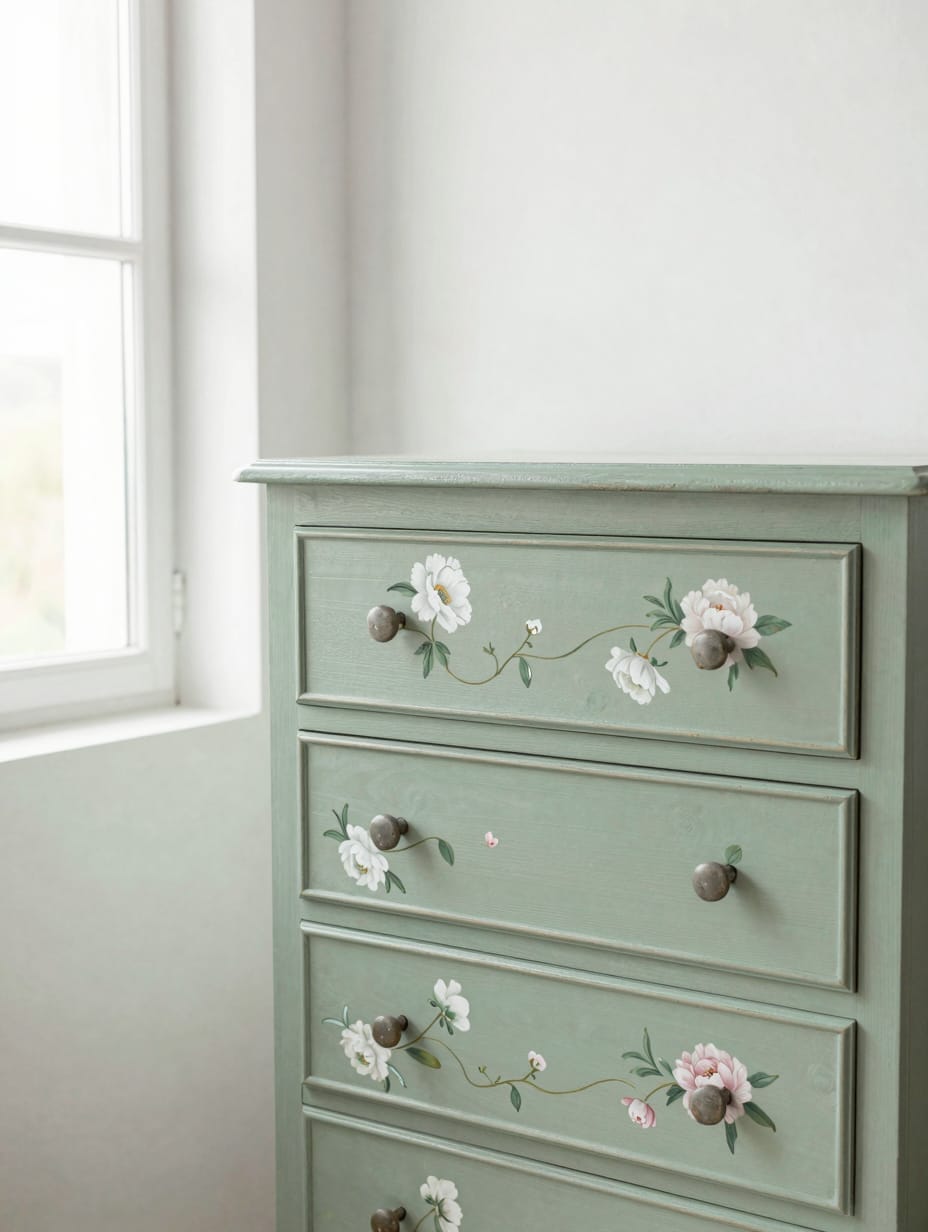 A vintage wooden bureau beautifully painted with a whimsical secret garden theme, featuring delicate flowers and vines.