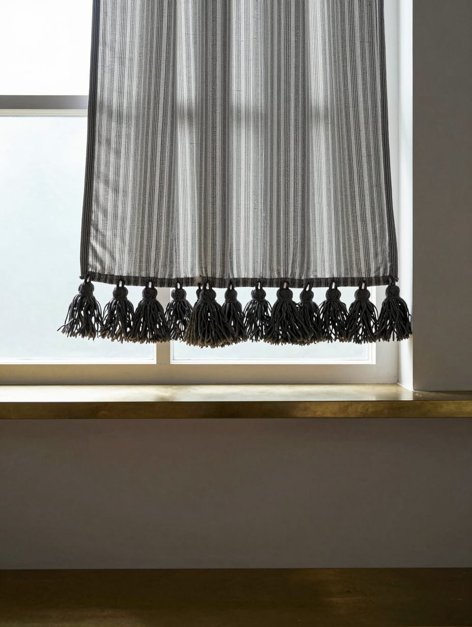 Kitchen window featuring boho tassel-trimmed ticking stripe curtains, casual and stylish.