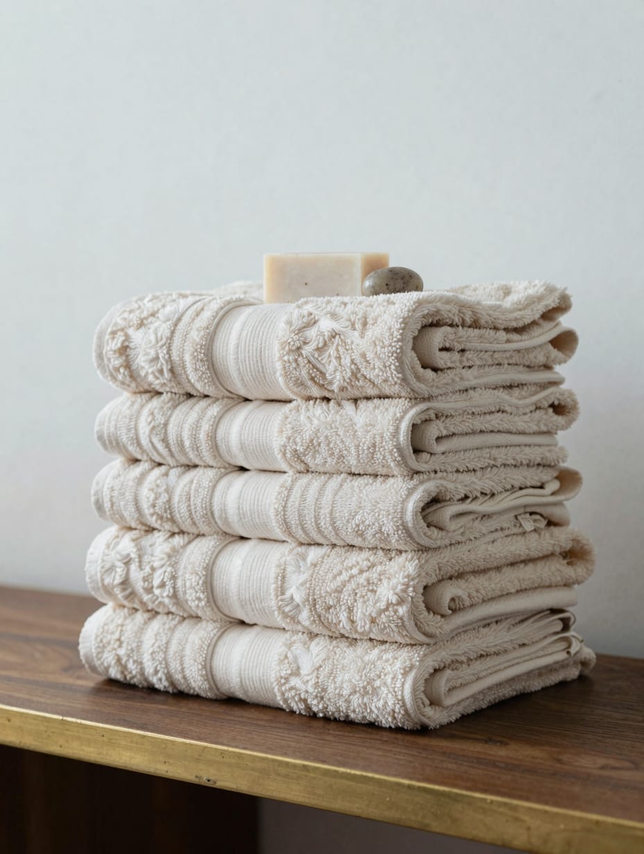 Bathroom shelf with neatly stacked white towels and a small pile of decorative books.