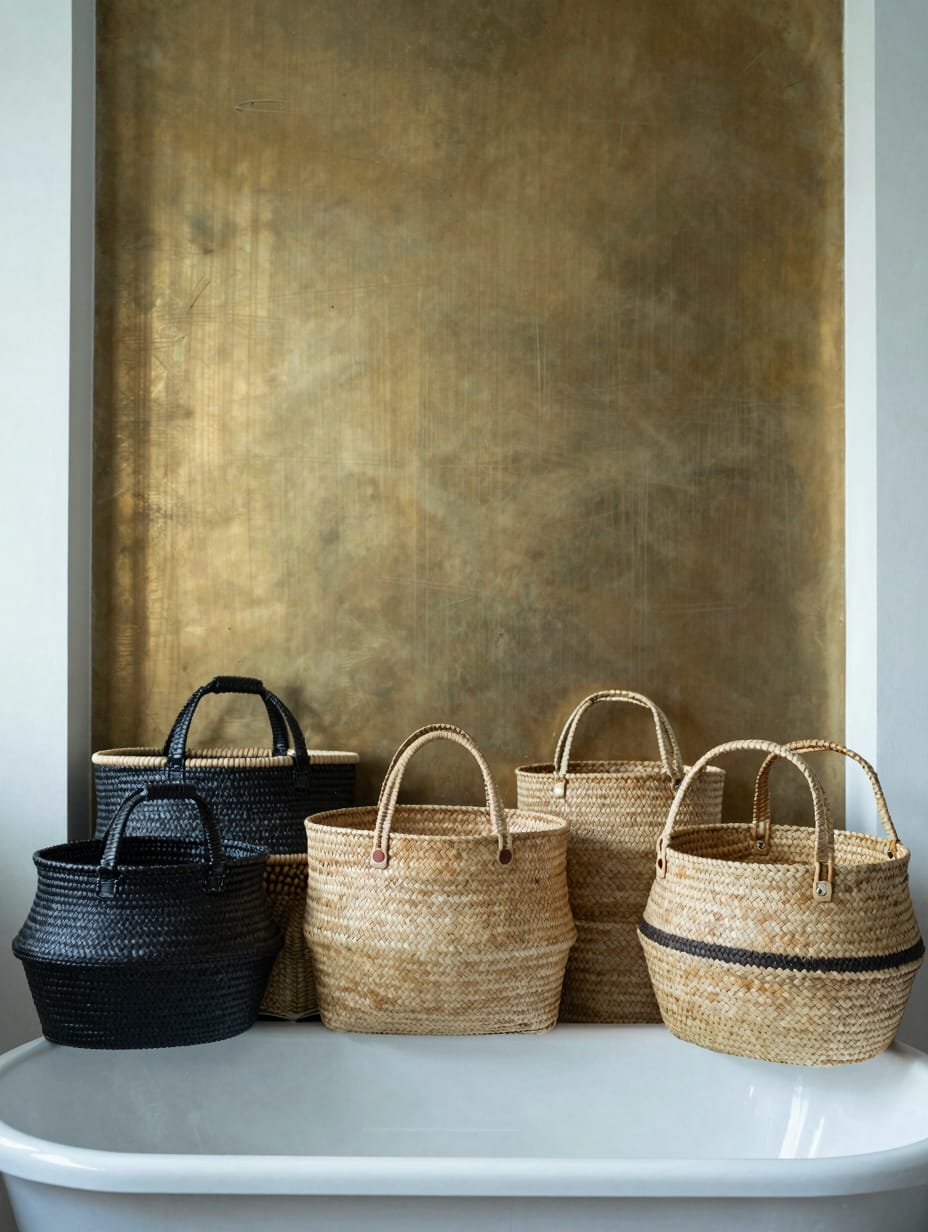 A group of three woven seagrass baskets arranged as art on a bathroom wall.