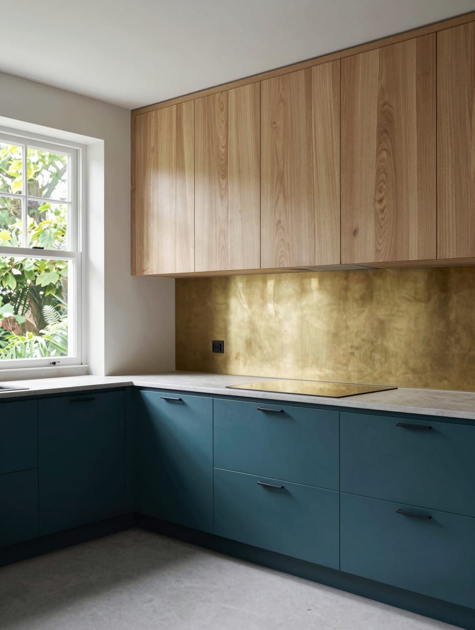 Kitchen featuring deep teal blue cabinets combined with warm natural wood countertops and shelves.