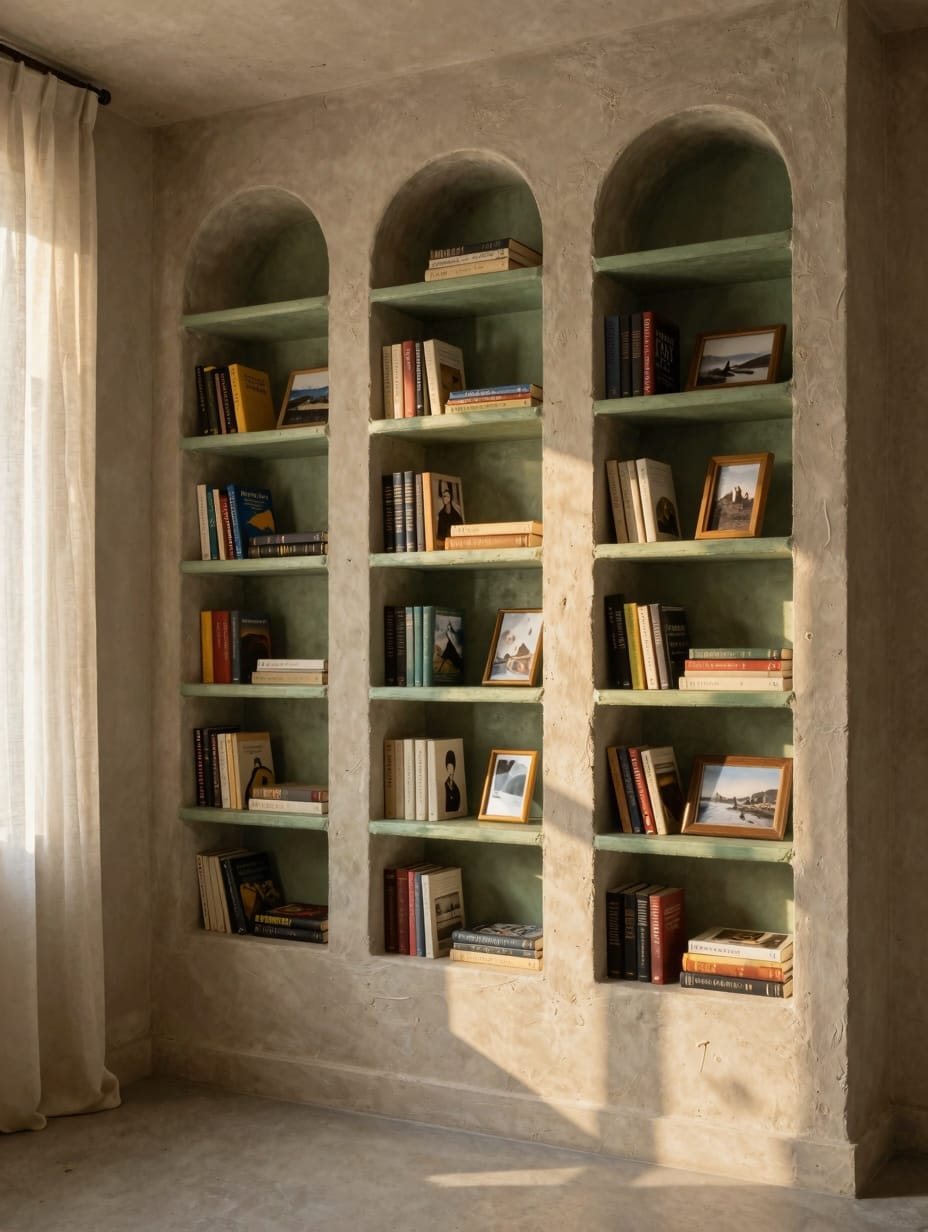 Custom-built bookshelf fitted into a wall niche, filled with a curated collection of books and decor.