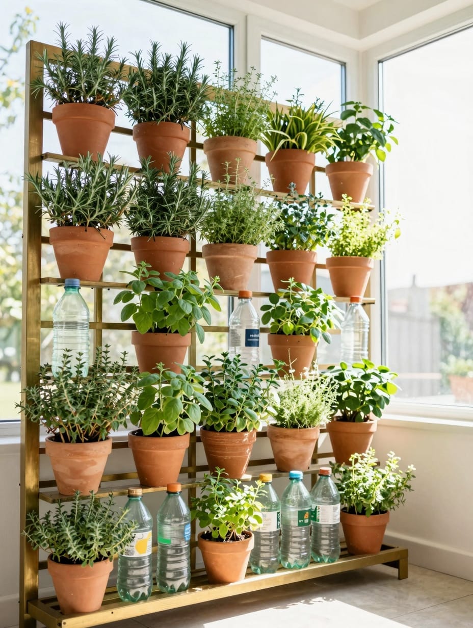 Terracotta pots with green herbs hanging in rows on a vertical wooden fence wall.