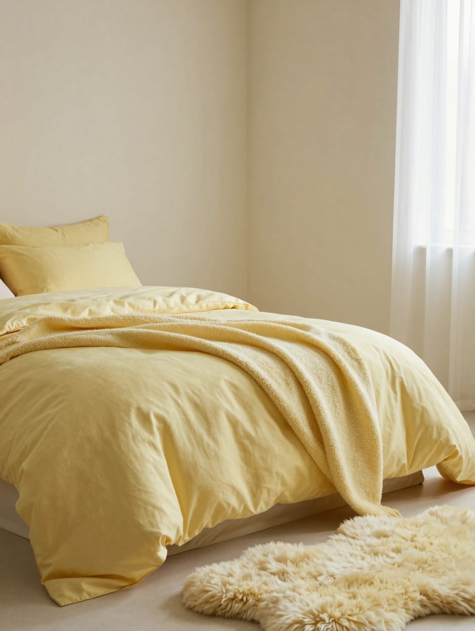 A close-up of a bed with layered butter yellow textiles, showing different textures like knit and velvet.