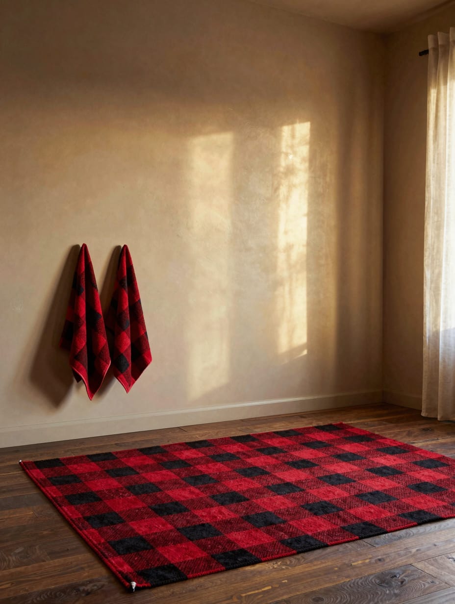Red and black buffalo plaid towels hanging on a dark metal rack in a cozy cabin bathroom.