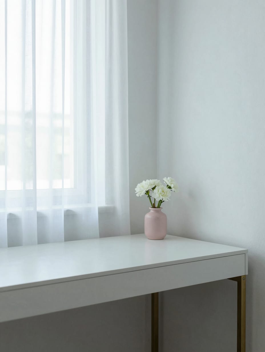 White L-shaped corner desk in a bright, minimalist home office.