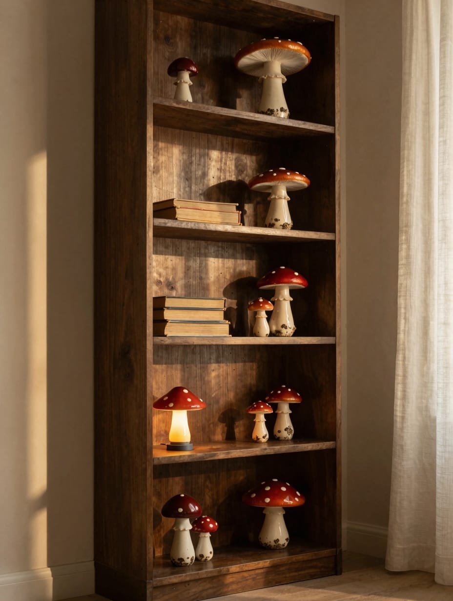 Bookshelf adorned with charming ceramic mushroom figurines among green houseplants.
