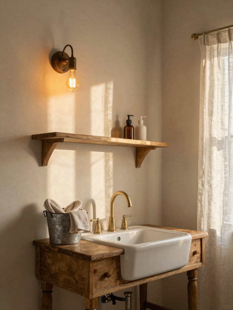 Bathroom featuring rustic wooden vanity and a modern white sink with simple decor.