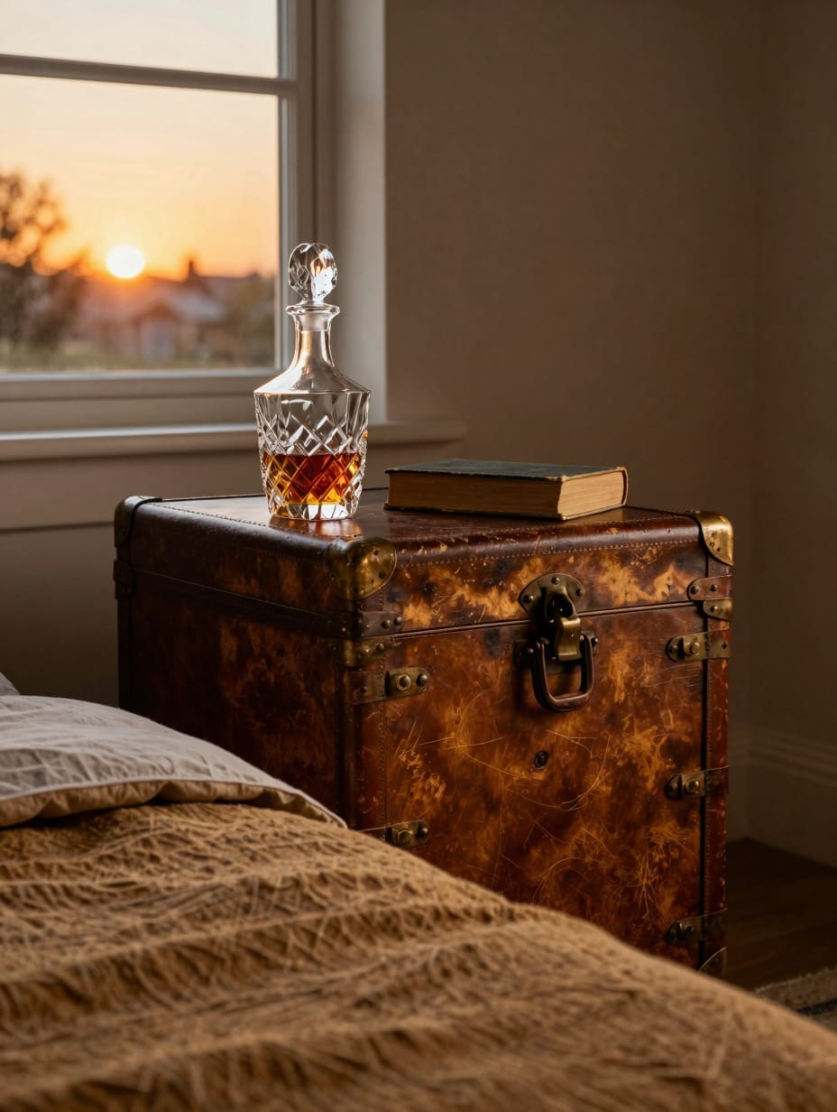 Dark bedroom with an aged leather armchair, a caramel-colored throw, and a dark wood table.