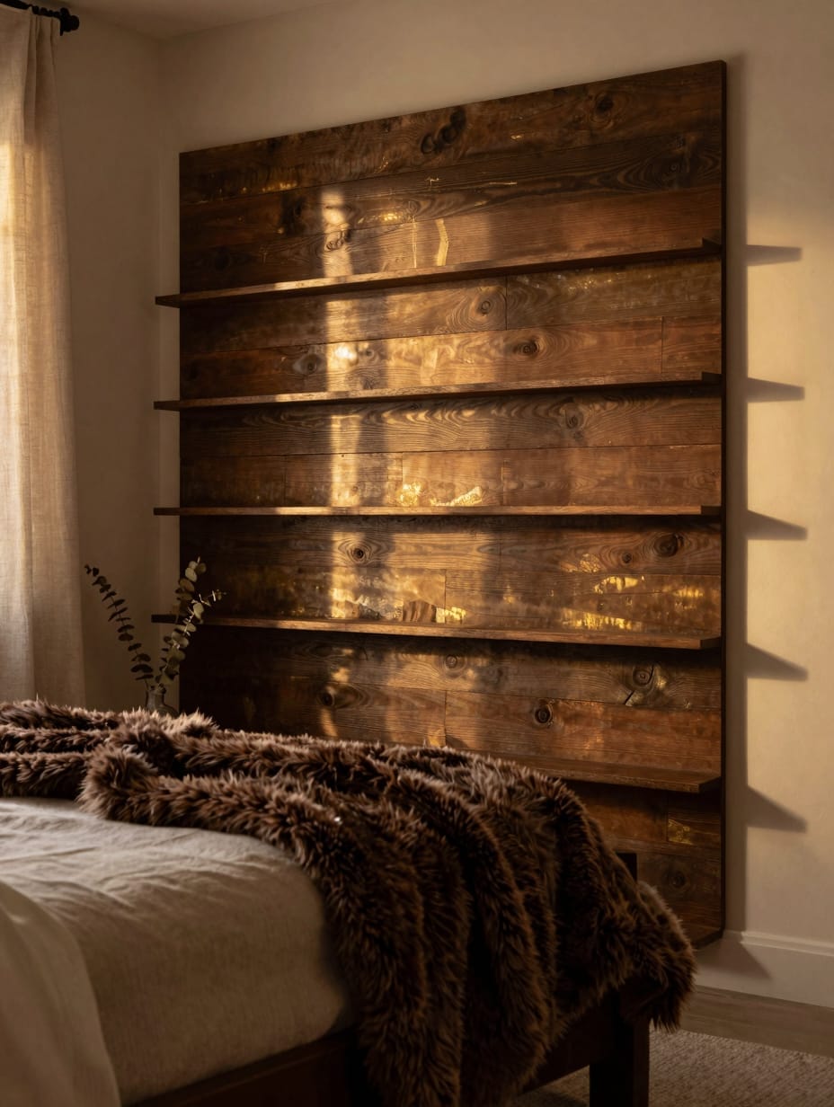 Bedroom with dark wood paneled walls and a white faux fur rug on the hardwood floor.