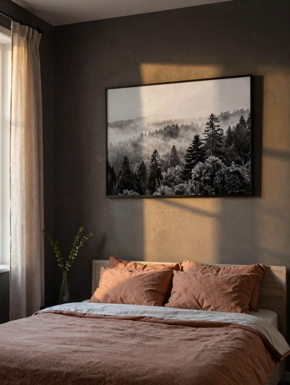 Charcoal grey rug and clay colored bed frame in a modern earthy bedroom.