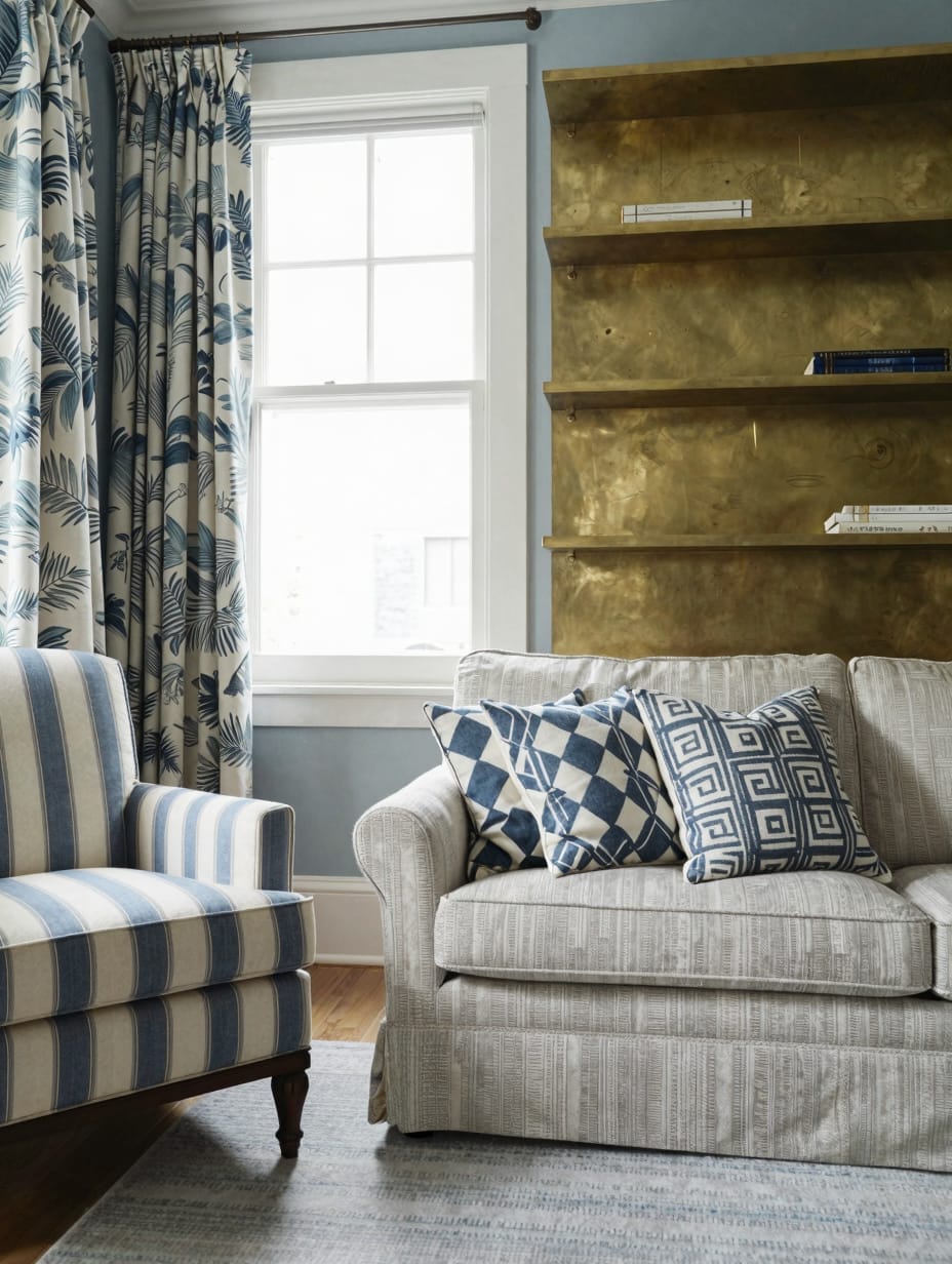 Eclectic living room showcasing a sophisticated mix of patterns on textiles and wallpaper.