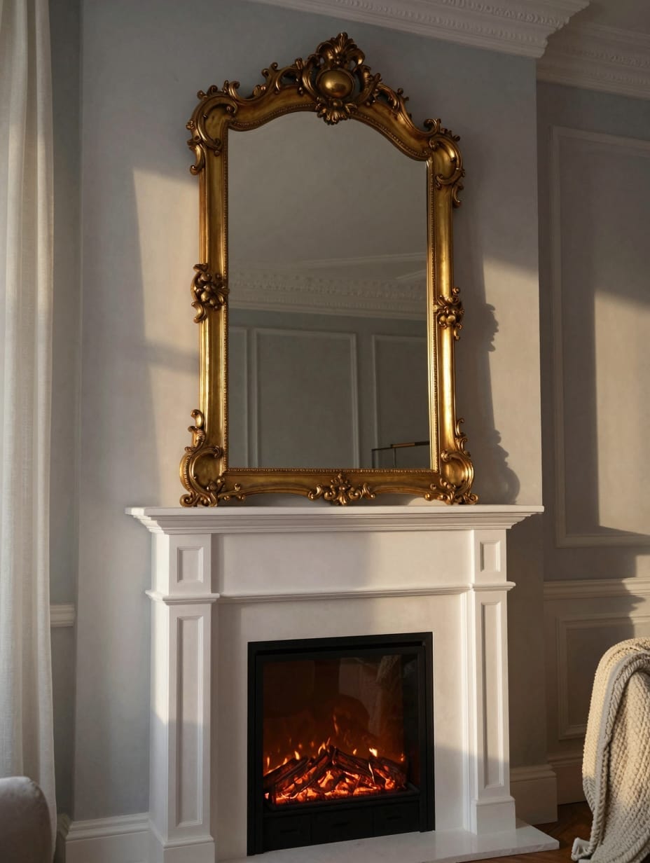 An ornate gold-framed mirror placed above a white fireplace mantel, reflecting light.