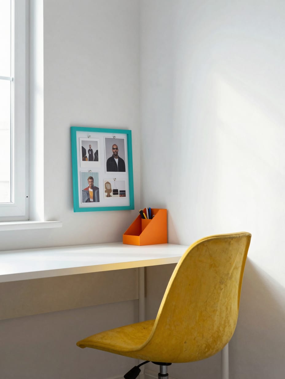 Vibrant corner desk with a colorful desktop, eclectic decor, and playful wall art in a cheerful room.