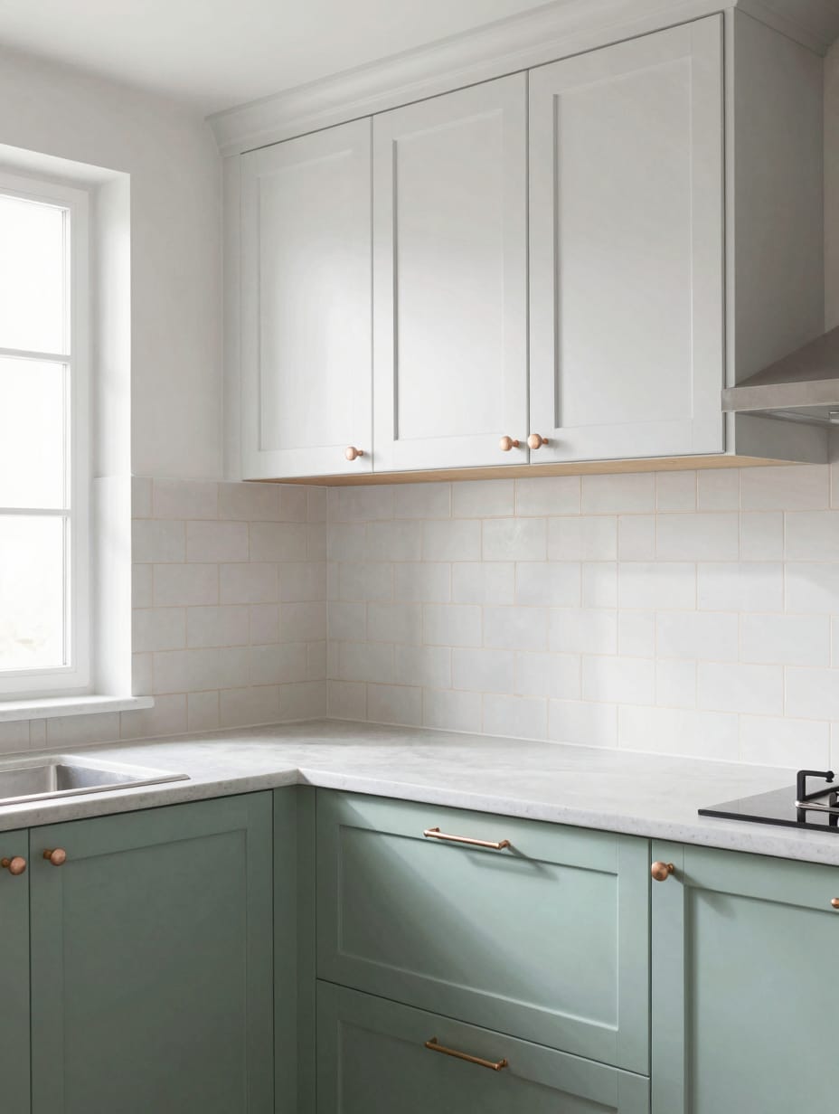 A charming kitchen with mint green cabinets and rose gold hardware, accented by delicate floral patterns.