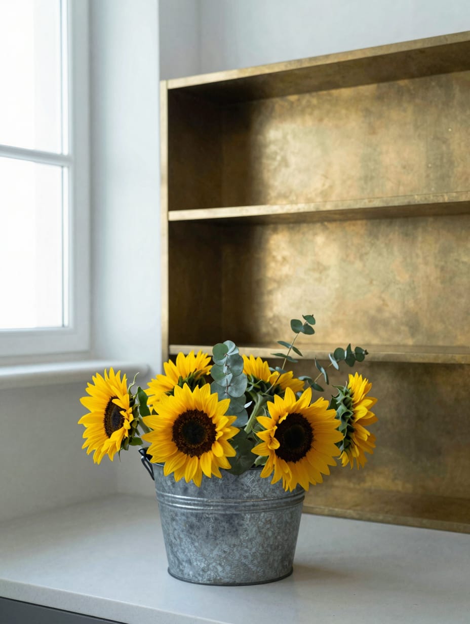 A galvanized metal bucket with bright yellow sunflowers on a kitchen island.