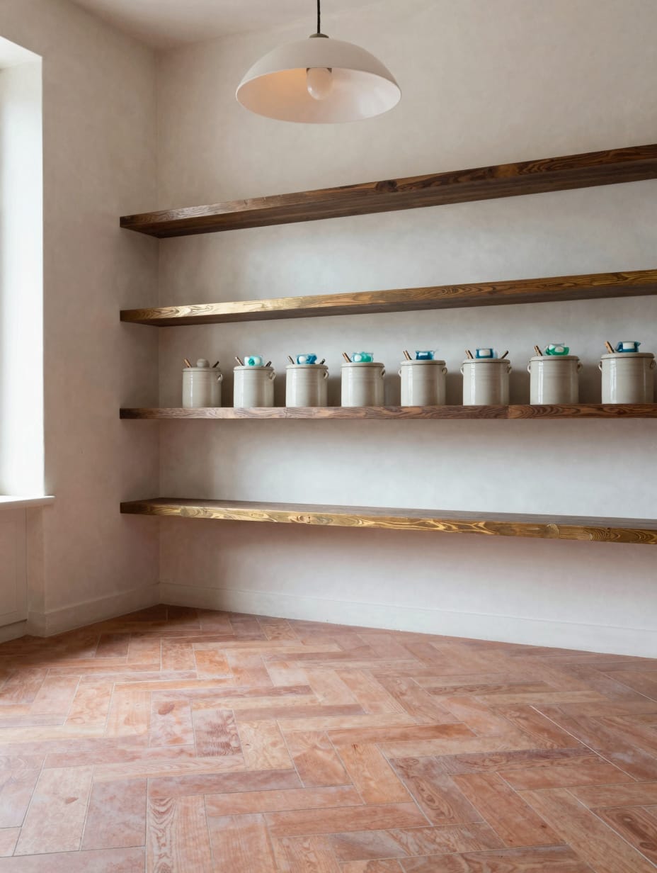 Handmade terracotta floor tiles in a warm, sunlit laundry room.