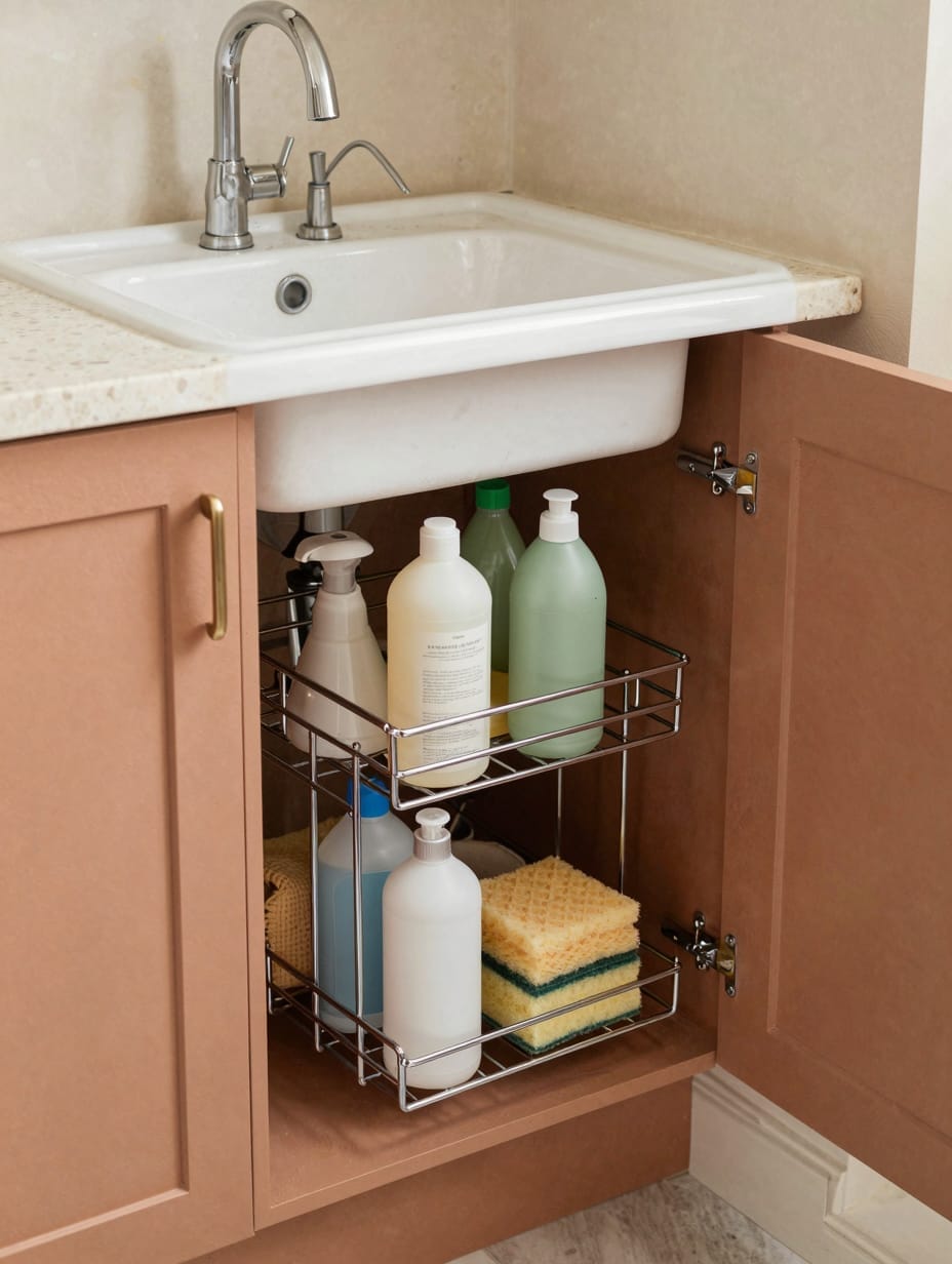 Neat under-sink pull-out organizers in a renovated laundry room.