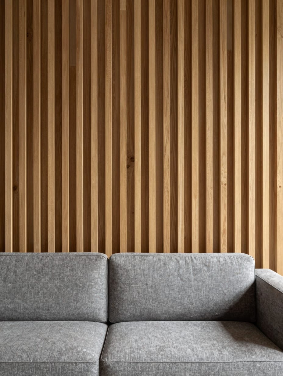 Vertical wooden slat wall paneling used as a backdrop for a modern TV setup.