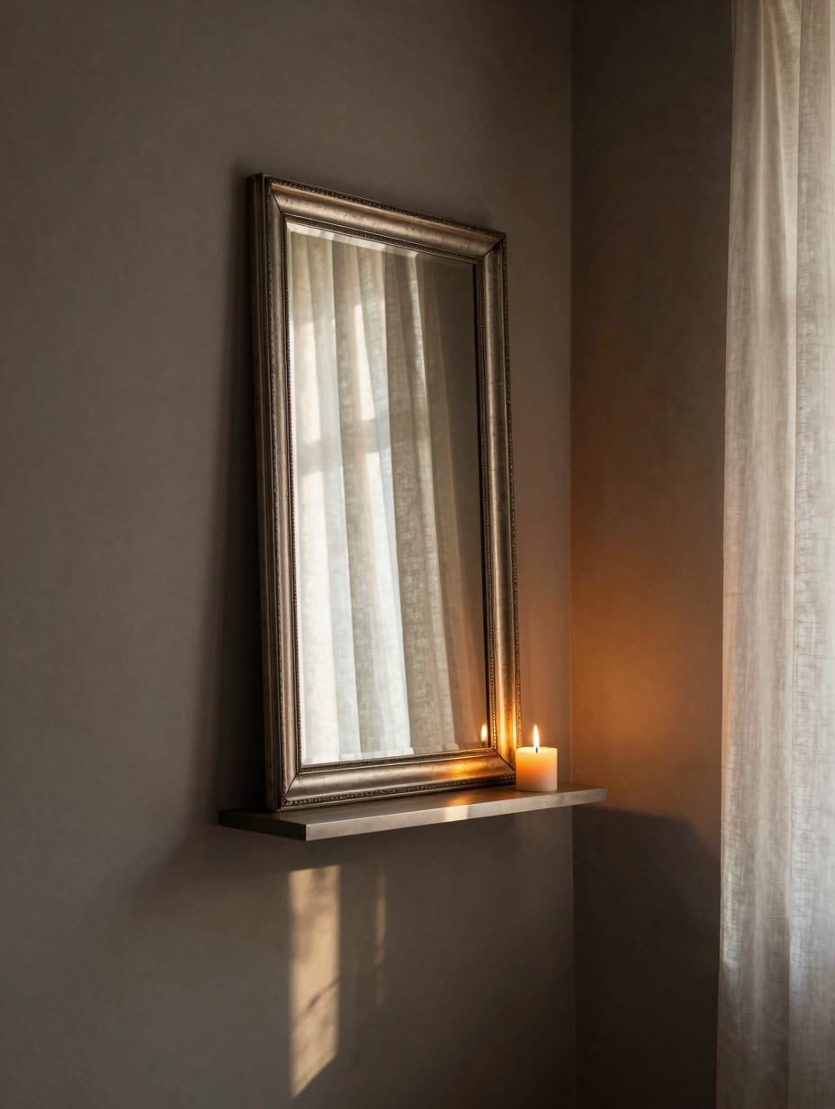 Room with architectural details enhanced by a mirror reflecting a unique window
