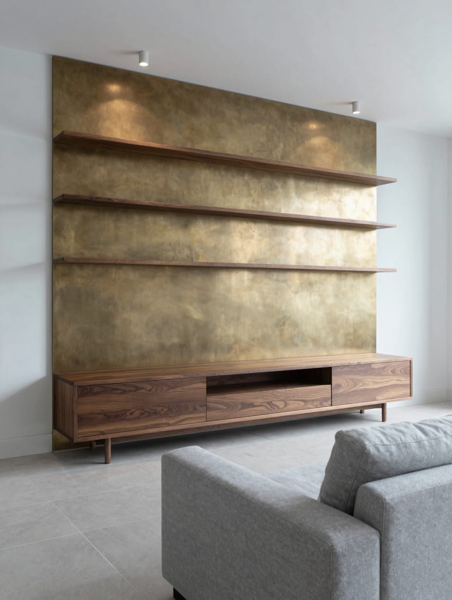 A modern minimalist living room featuring warm wood furniture with clean lines, such as a light oak coffee table.