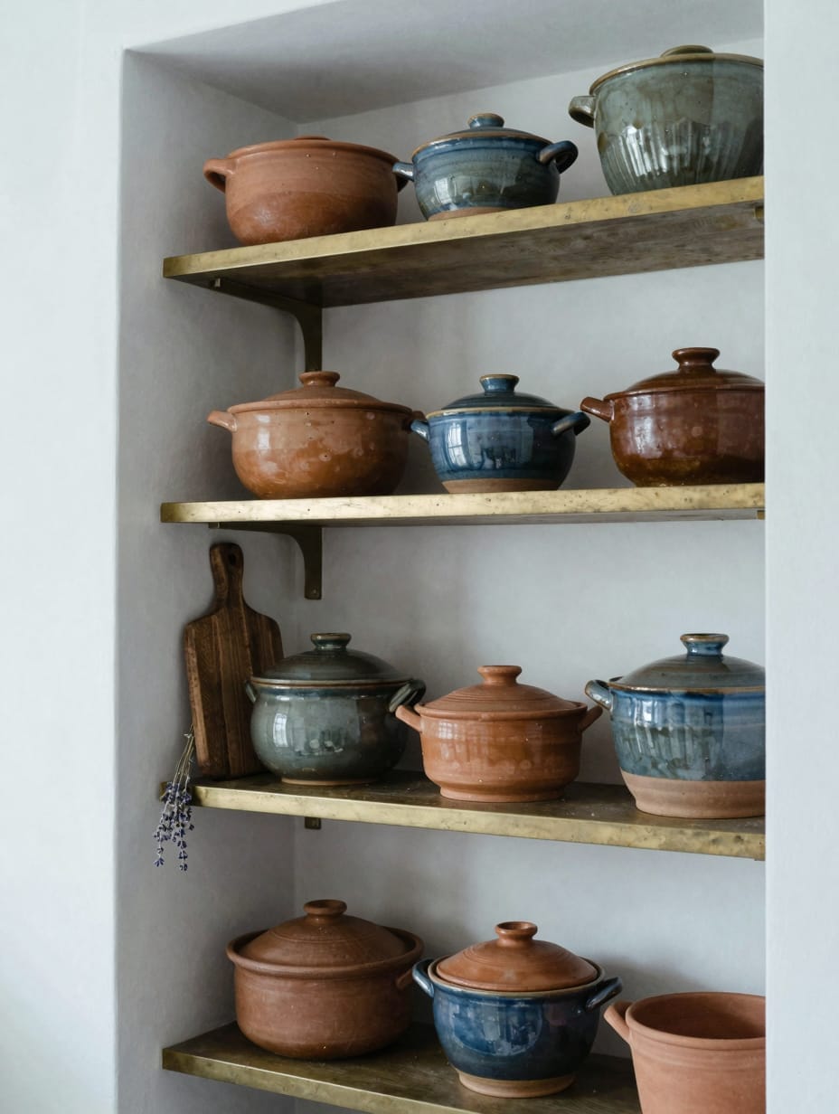 Open kitchen shelving displaying a collection of handcrafted ceramic and earthware dishes.