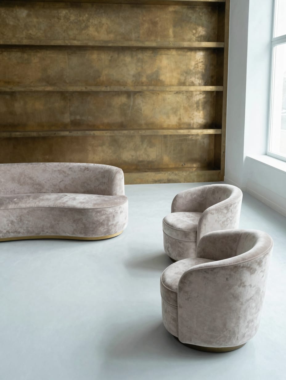 Curved cream colored sofa and round coffee table in a modern open room.