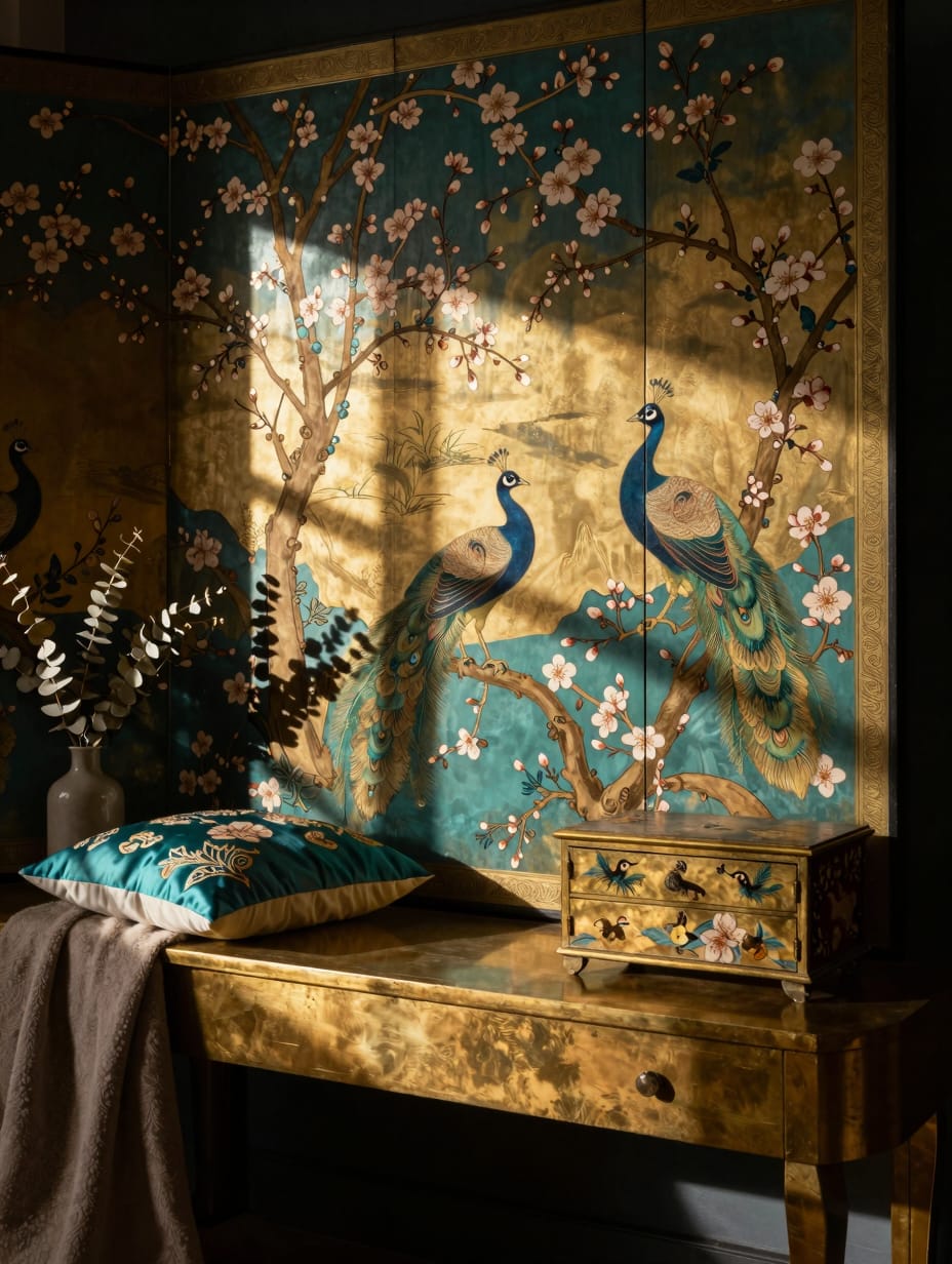 A luxurious bedroom featuring Chinoiserie peacock pattern wallpaper and coordinating upholstered furniture in rich colors.