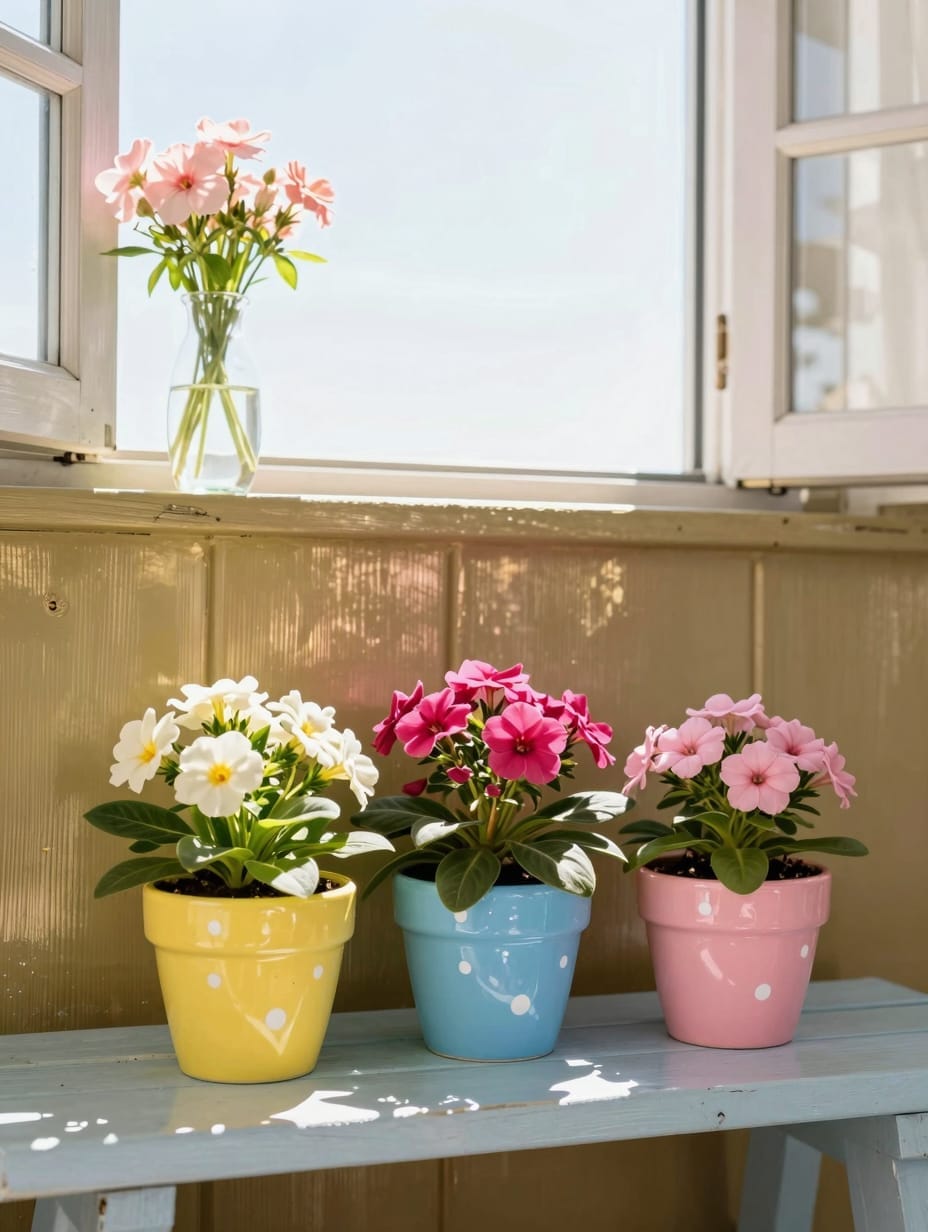 White porch planter with black polka dots, filled with yellow marigolds.