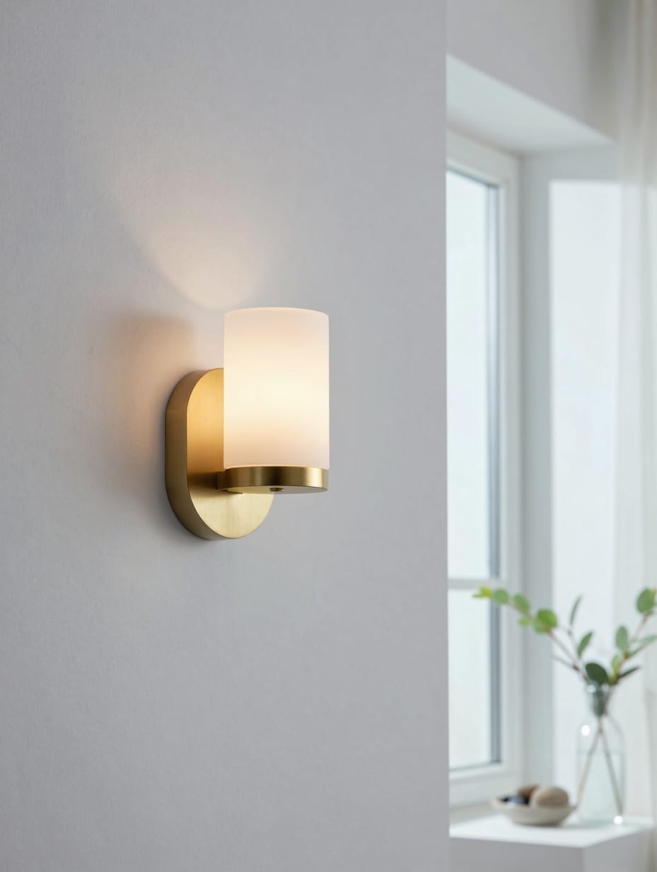 A modern brass and frosted glass sconce light fixture above a powder room mirror.