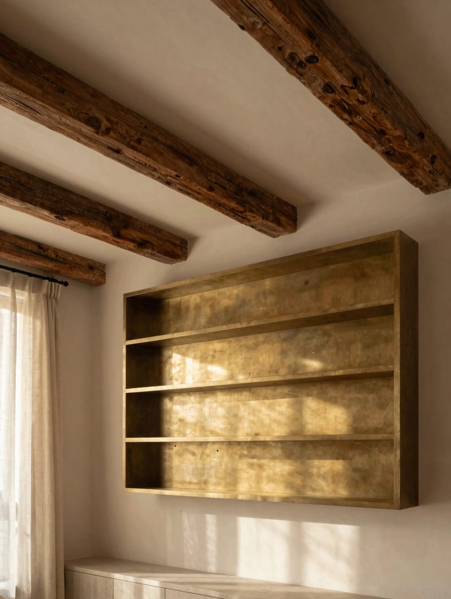 A living room featuring exposed wooden ceiling beams and a natural edge wooden mantelpiece above a fireplace.