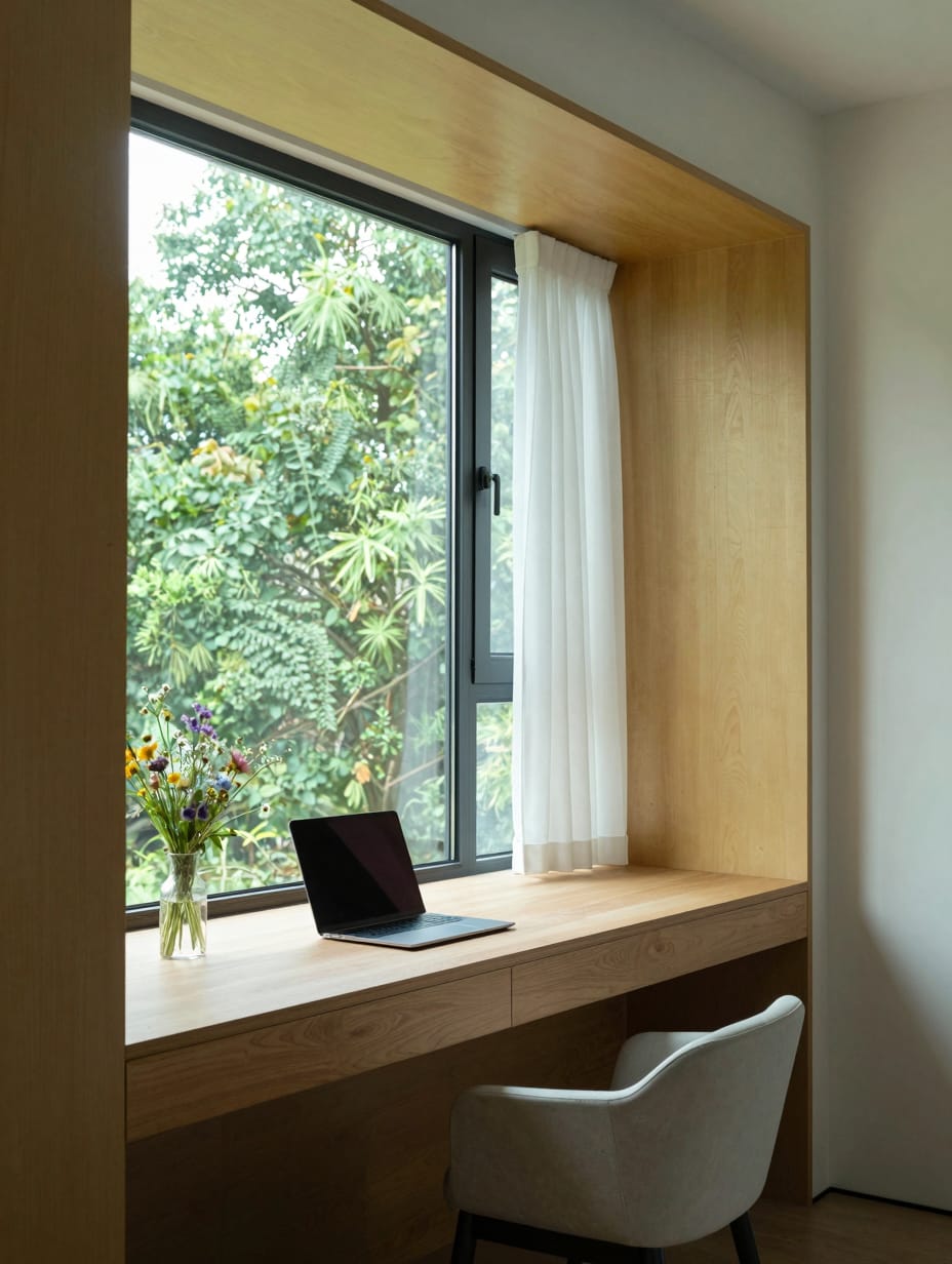 A narrow white desk placed directly under a large window with a view of greenery, bathed in sunlight.