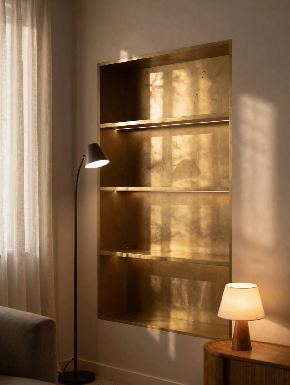 Cozy small living room illuminated by a mix of a floor lamp, table lamp, and natural window light.