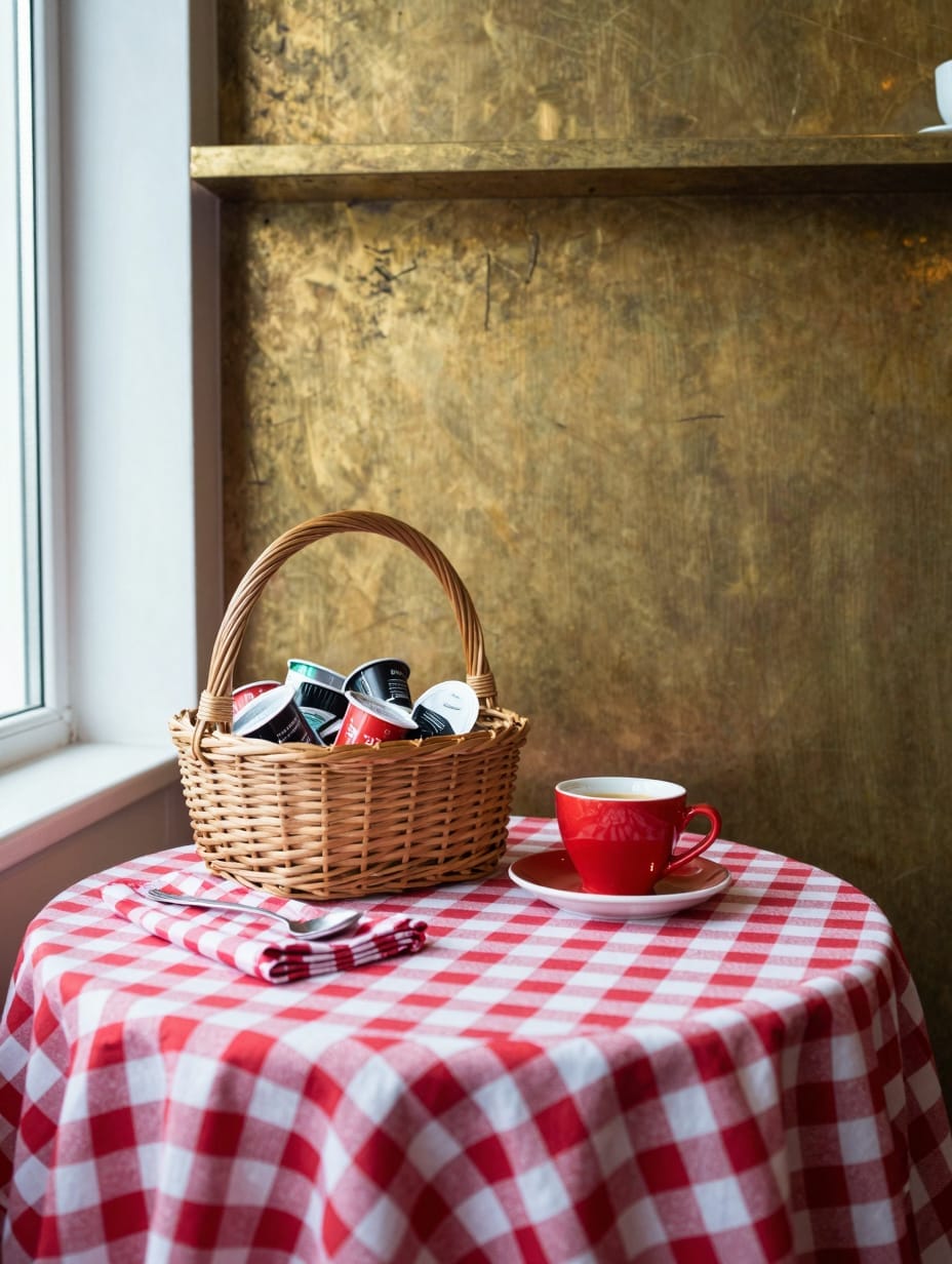 A picnic-themed spring coffee bar with a blue and white gingham runner, a small woven basket, and cheerful yellow mugs.