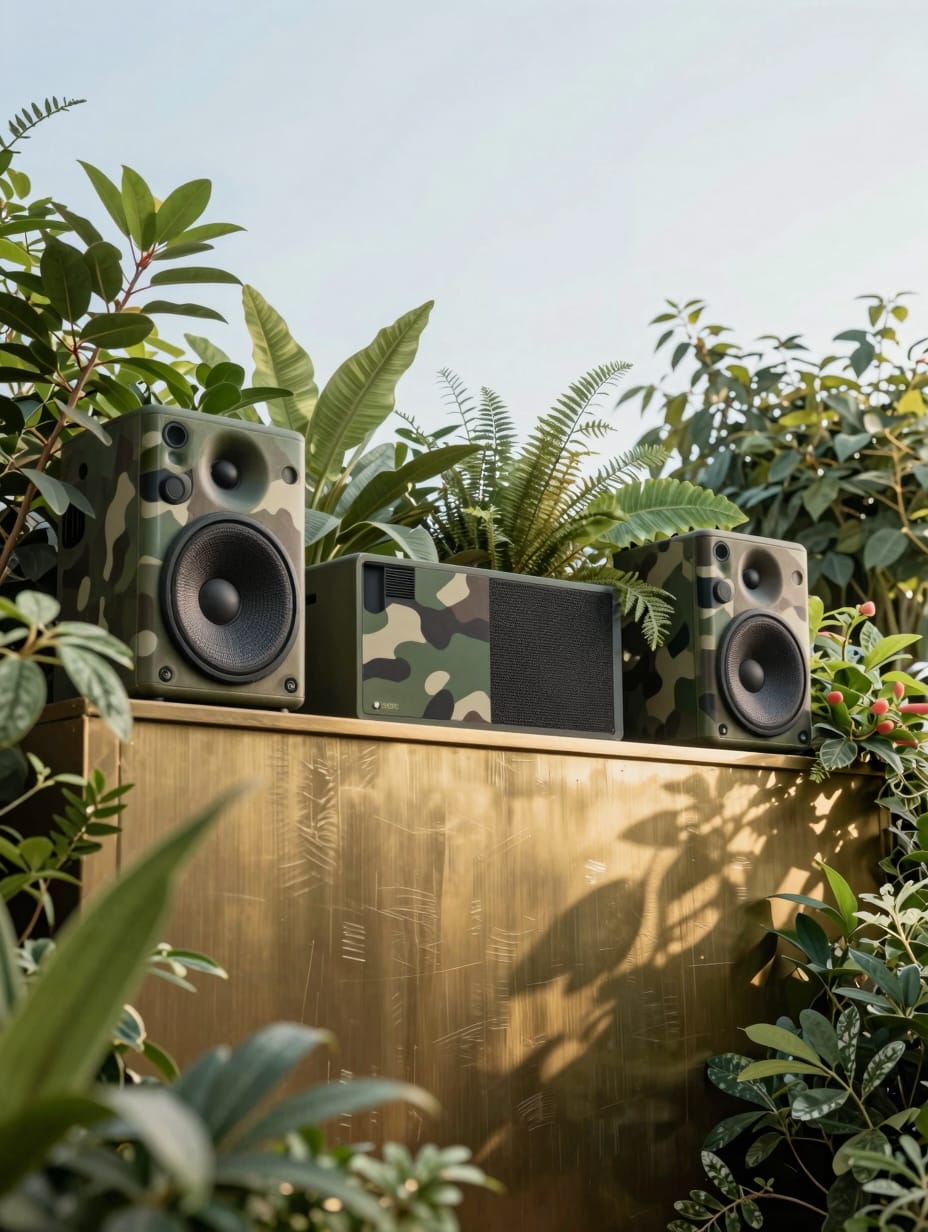 Subtly placed outdoor speaker nestled among garden plants, providing harmonious background music.