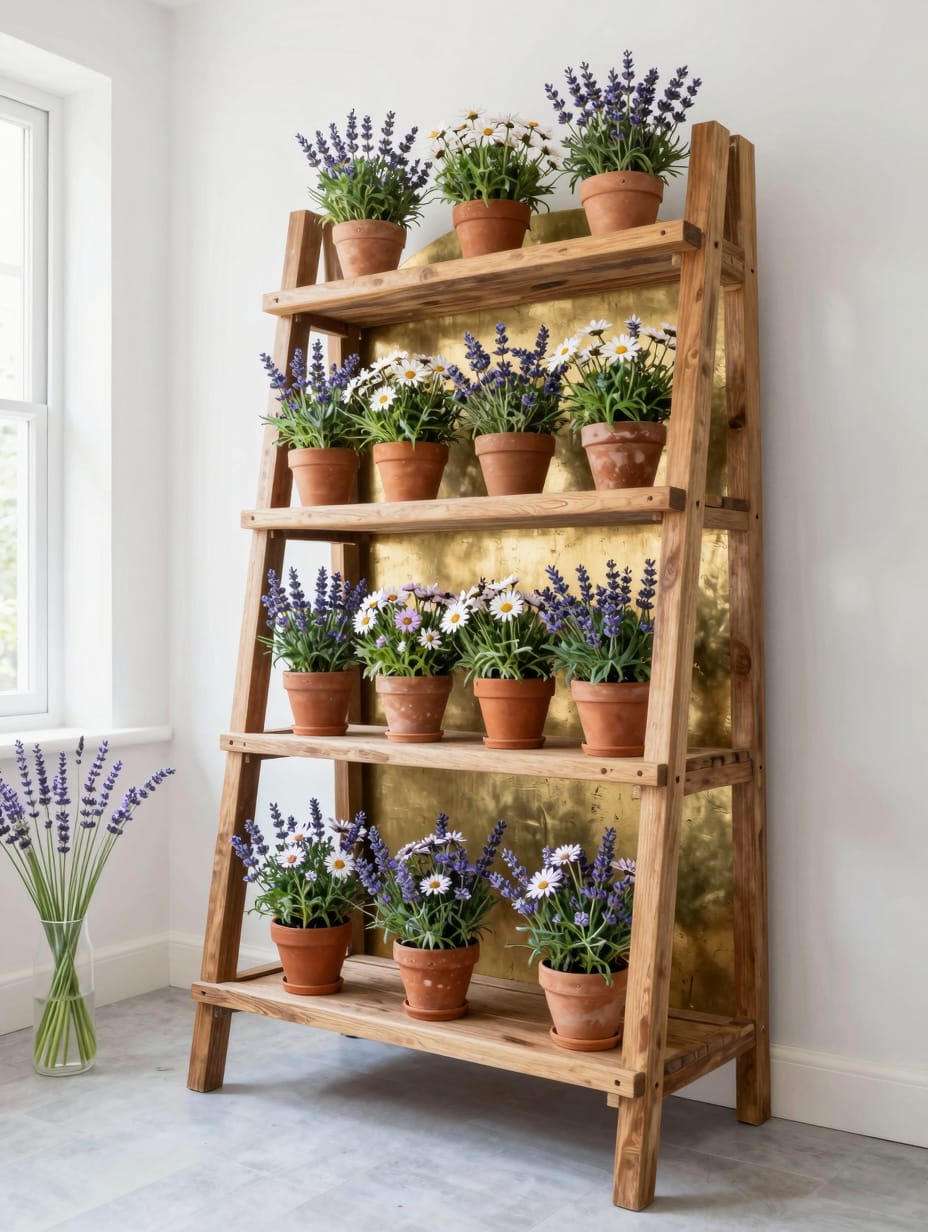 Two vintage wooden ladders with a board across them holding jars of flowers.