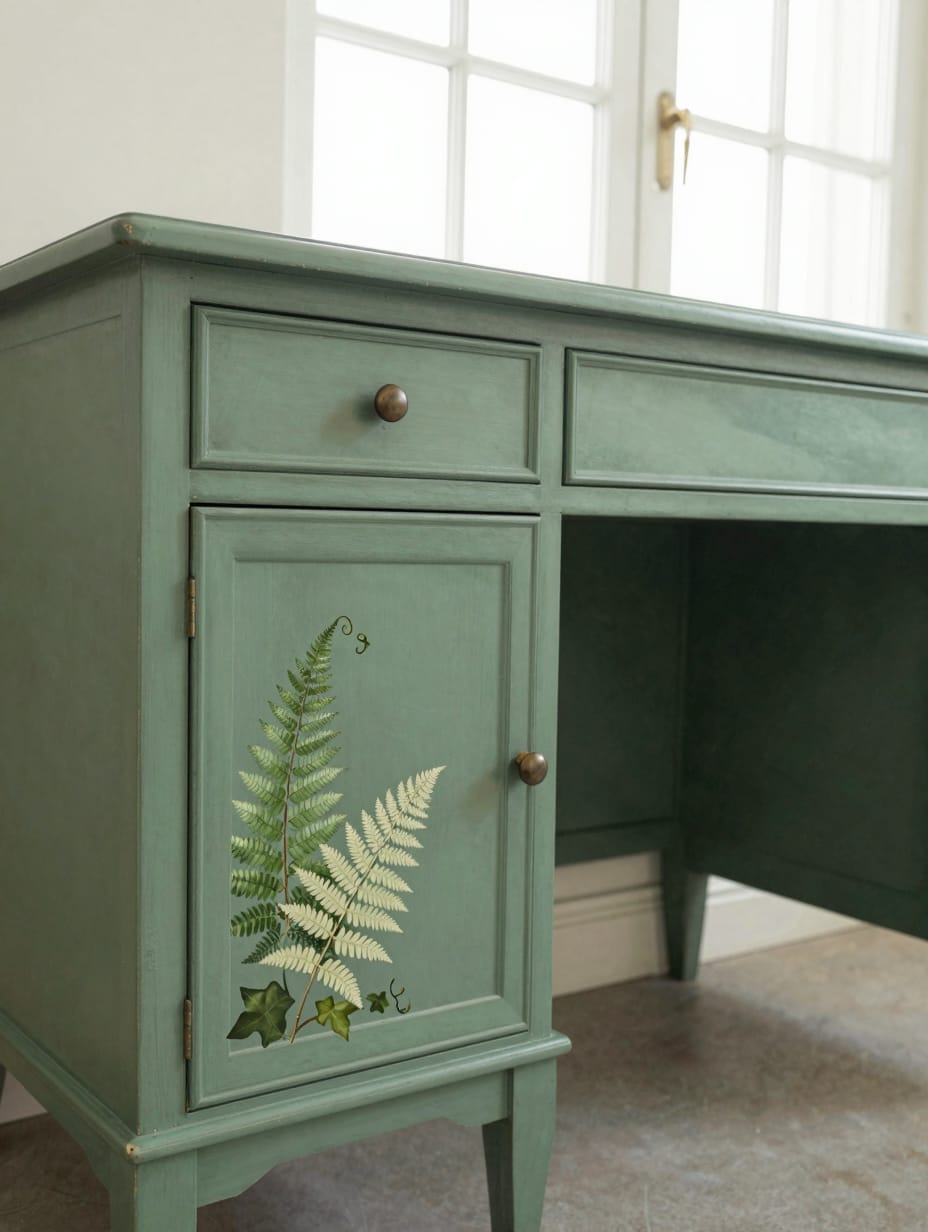 A wooden desk painted with delicate green flourishing foliage and vine patterns along its edges and drawers.